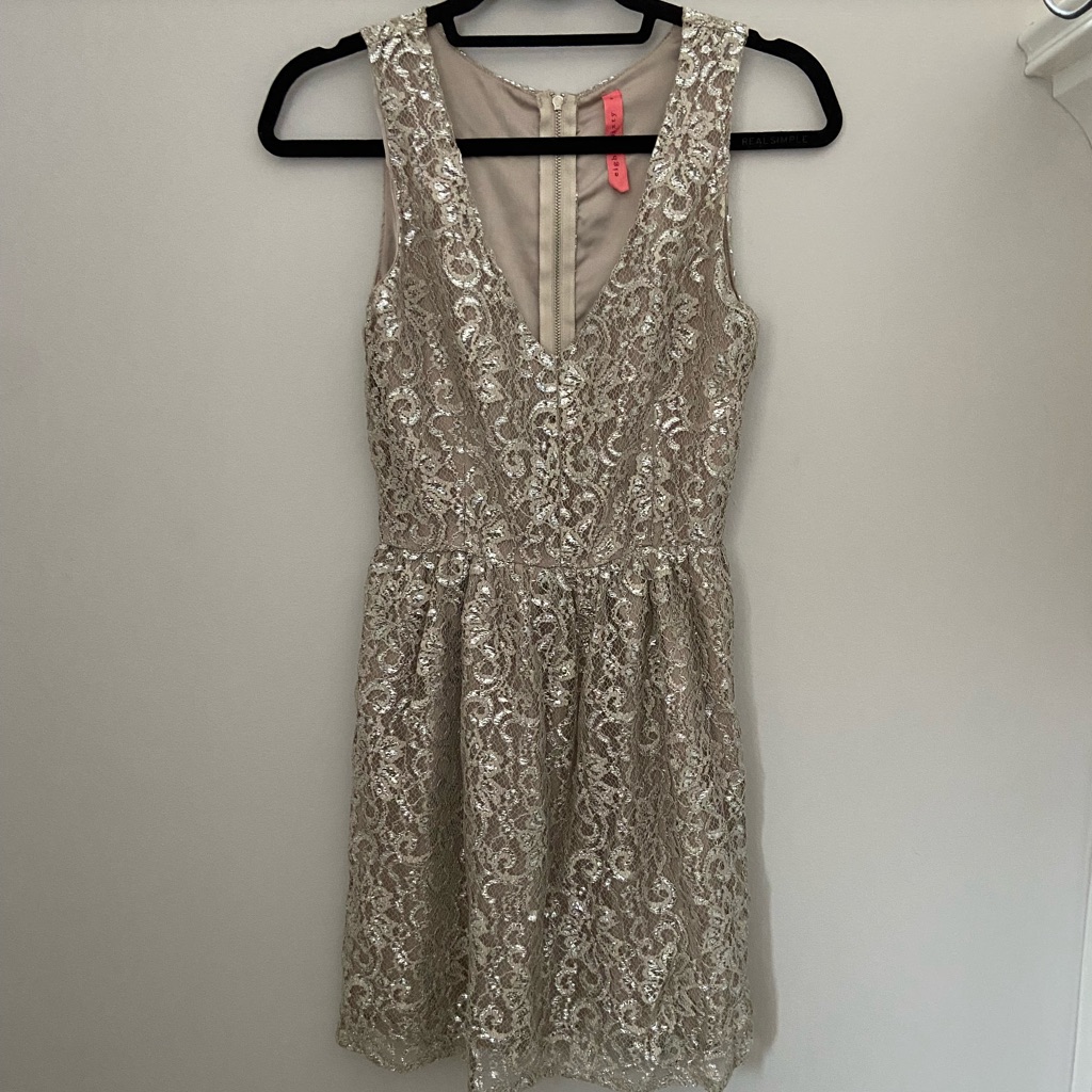 Eight Sixty Brand Silver Lace Sleeveless VNeck Cocktail Dress Size Small